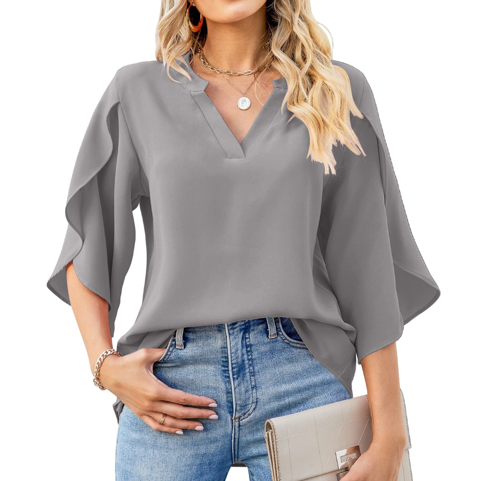 thumbnail image 2 of Nuevos tops de manga petal para mujer: blusa holgada de gasa con cuello en V y detalles plisados, mangas tres cuartos para el trabajo en verano o salidas informales., 2 of 5